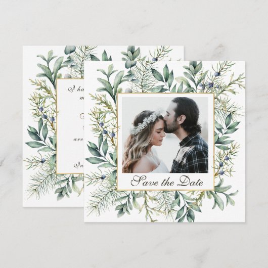 Elegant Winter Evergreen Eucalyptus Photo Weddensc Save The Date (Voorkant / Achterkant)
