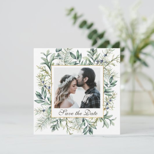 Elegant Winter Evergreen Eucalyptus Photo Weddensc Save The Date (Staand voorkant)