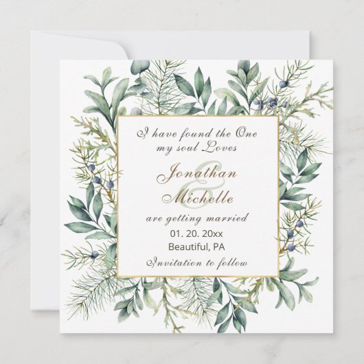 Elegant Winter Evergreen Eucalyptus Photo Weddensc Save The Date (Achterkant)