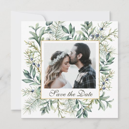 Elegant Winter Evergreen Eucalyptus Photo Weddensc Save The Date (Voorkant)