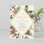 Elegant Winter Evergreen Poinsettia Baby shower Folie Uitnodiging (Staand Voorkant)
