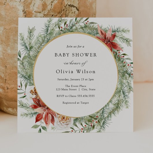 Elegant Winter Evergreen Poinsettia Baby shower Kaart
