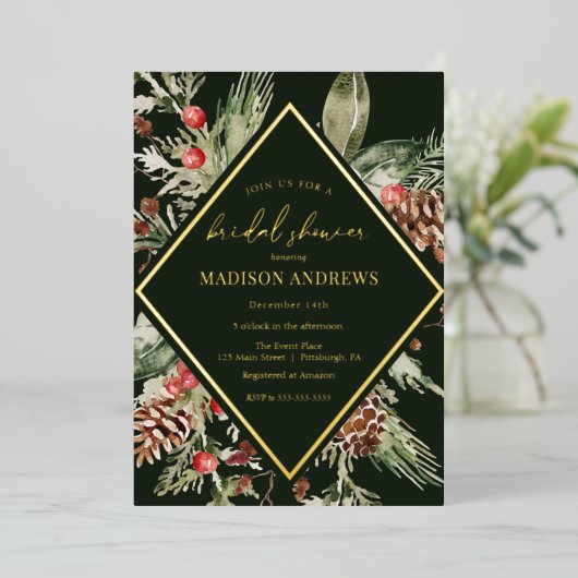 Elegant Winter Evergreen Poinsettia Vrijgezellenfe Folie Uitnodiging (Staand Voorkant)