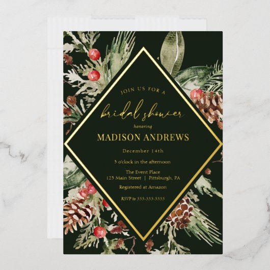 Elegant Winter Evergreen Poinsettia Vrijgezellenfe Folie Uitnodiging (Envelop)