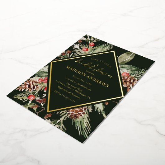 Elegant Winter Evergreen Poinsettia Vrijgezellenfe Folie Uitnodiging (Gedraaid)