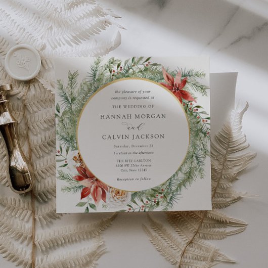 Elegant Winter Evergreen Poinsettia Wedding Kaart