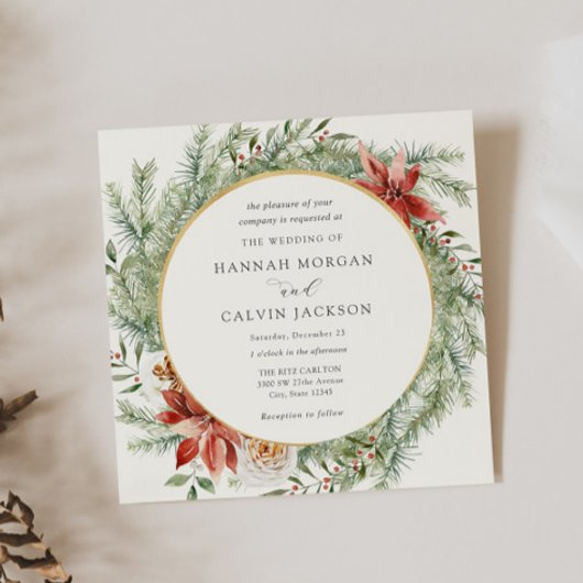 Elegant Winter Evergreen Poinsettia Wedding Kaart