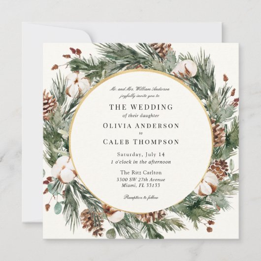 Elegant Winter Evergreen Wedding Invitation Kaart (Voorkant)