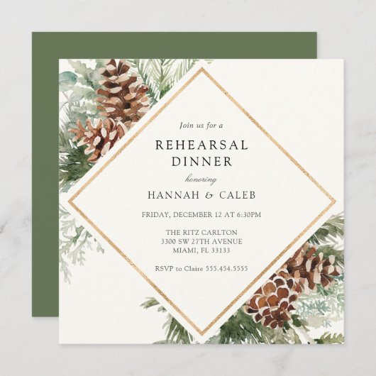 Elegant Winter Evergreen Wedding Rehearsal Dinner Kaart (Voorkant / Achterkant)