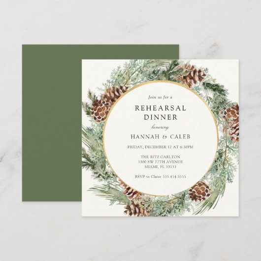 Elegant Winter Evergreen Wedding Rehearsal Dinner Kaart (Voorkant / Achterkant)