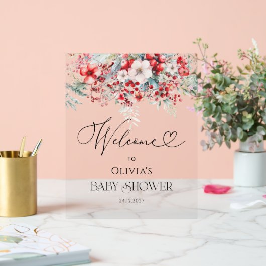Elegant Winter Floral Baby shower Welkom Acryl Bord (Huwelijk)