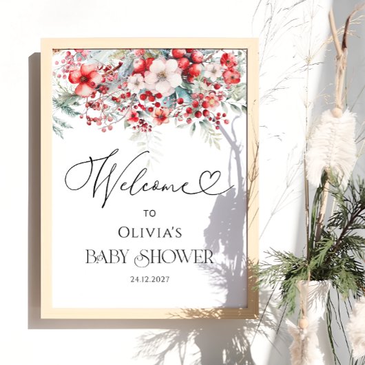Elegant Winter Floral Baby shower Welkom Poster