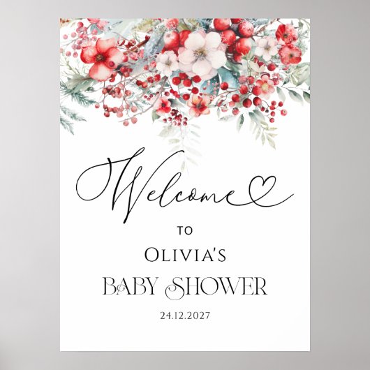 Elegant Winter Floral Baby shower Welkom Poster (Voorkant)