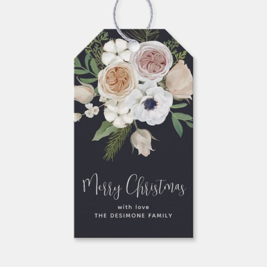 Elegant Winter Floral Black White Kerstmis Cadeaulabel (Voorkant)