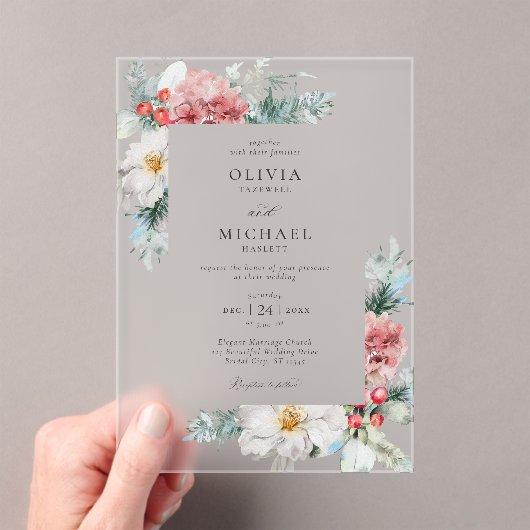 Elegant Winter Floral Christmas Wedding Acryl Uitnodigingen (Insitu (Draagbaar))