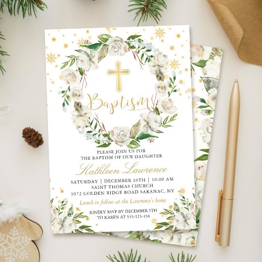 Elegant Winter Floral Girl Baptism Invitation Kaart