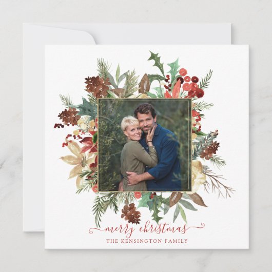 Elegant Winter Floral Gold Holiday Feestdagenkaart (Voorkant)