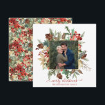 Elegant Winter Floral Gold Holiday Feestdagenkaart<br><div class="desc">Elegant Winter Floral Holiday Kerstfeest Fotokerstfoto's met je foto in ons faux gouden folie lijst van roestvrij maar elegant wintervakantiegroen zoals poinsettia, heilig en dennengoed. De achterkant is een patroon van elegante botanische bladeren, pijnbomen, bessen, heilig, poinsettias en rozen. Neem contact met ons op via cedarandstring@gmail.com als u hulp nodig...</div>