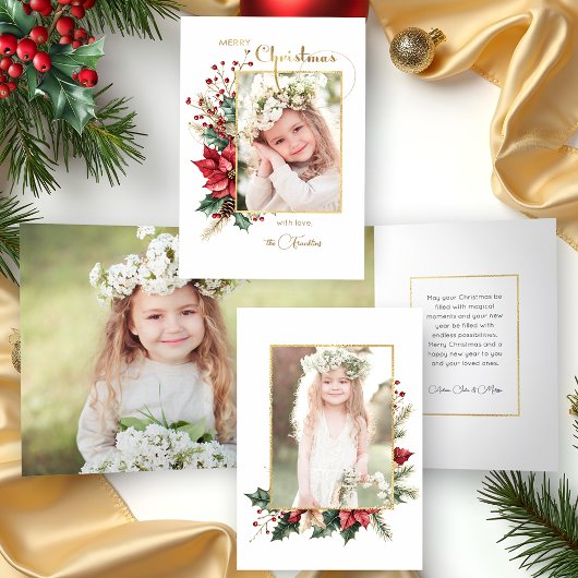 Elegant Winter Floral Gold Merry Christmas 1 Photo Drieluik Kaart