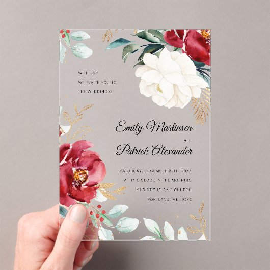 Elegant Winter Floral kerstbruiloft Acryl Uitnodigingen (Insitu (Draagbaar))