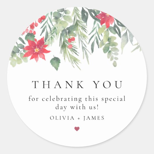 Elegant Winter Floral Kerstfeestdag Dank je wel Ronde Sticker (Voorkant)