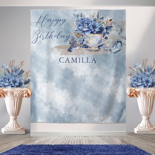 Elegant Winter Floral Teacup Happy Birthday Wandkleed