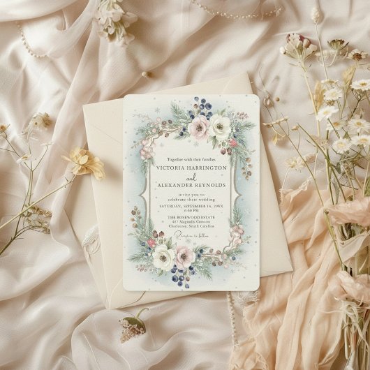 Elegant Winter Floral Wedding Invitation Kaart