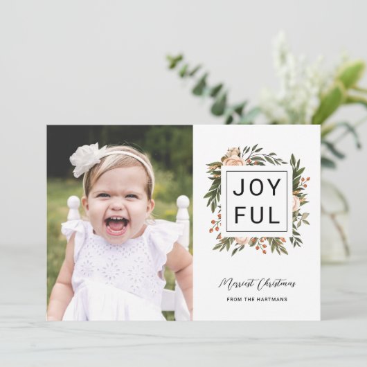 Elegant Winter Florals | Jonge kerstfoto's Feestdagenkaart (Staand voorkant)