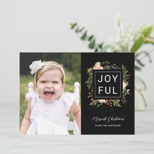 Elegant Winter Florals | Joyful Photo Kersth Feestdagenkaart (Staand voorkant)