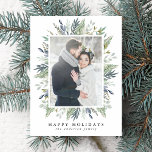Elegant Winter Foliage Frame | Holiday Photo Briefkaart<br><div class="desc">Wish friends and family a happy holiday with our Elegant Winter Foliage Frame holiday photo postcard. The stylish holiday postcard displays your favorite photo on the front framed by watercolor leaves and foliage in shades of green and blue. Personalize the front by adding a custom your family's name and a...</div>