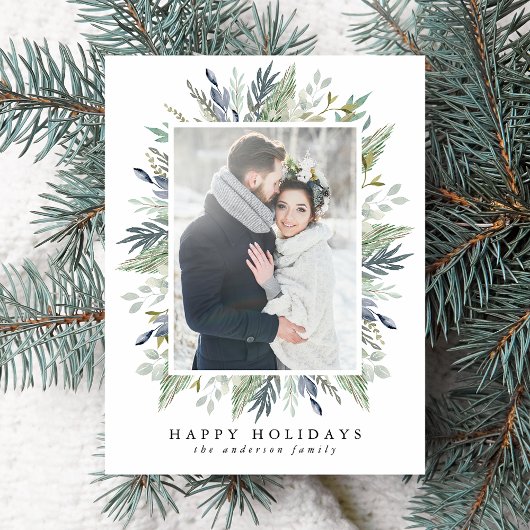 Elegant Winter Foliage Frame | Holiday Photo Briefkaart