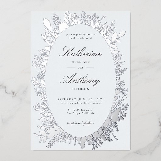 Elegant Winter Foliage Lijst Stoffig Blauw Bruilof Folie Uitnodiging (Voorkant)