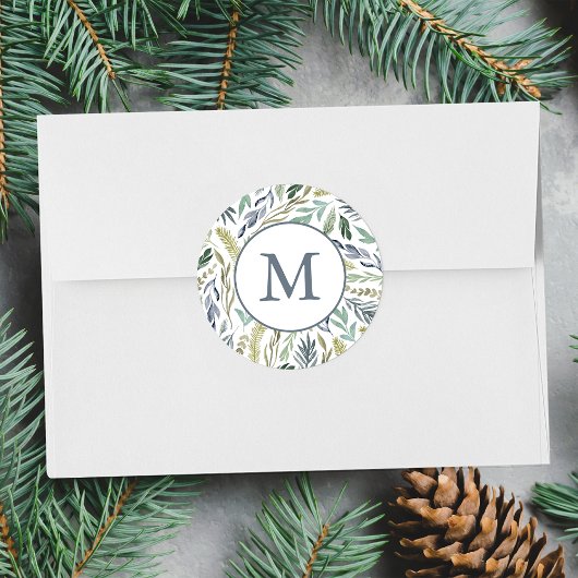 Elegant Winter Foliage Vakantie Monogram Ronde Sticker