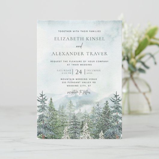Elegant Winter Forest Pine Trees Wedding Kaart (Staand voorkant)