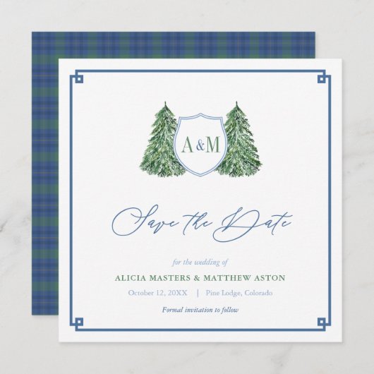 Elegant Winter Forest Weddenschap Monogram Tartan Save The Date (Voorkant / Achterkant)