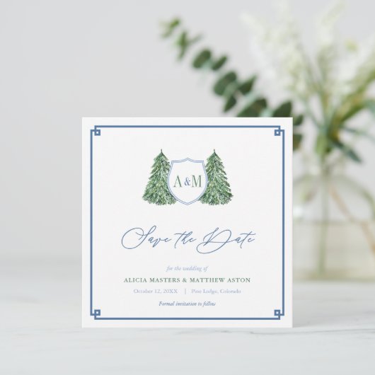 Elegant Winter Forest Weddenschap Monogram Tartan Save The Date (Staand voorkant)