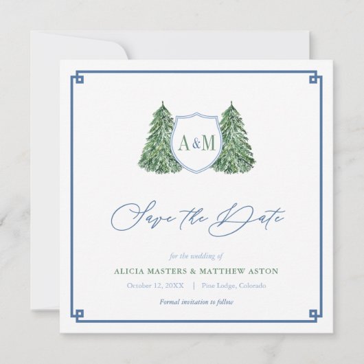 Elegant Winter Forest Weddenschap Monogram Tartan Save The Date (Voorkant)