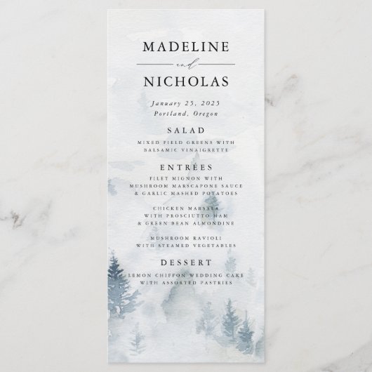 Elegant Winter Forest Wedding Menu Kaart (Voorkant)