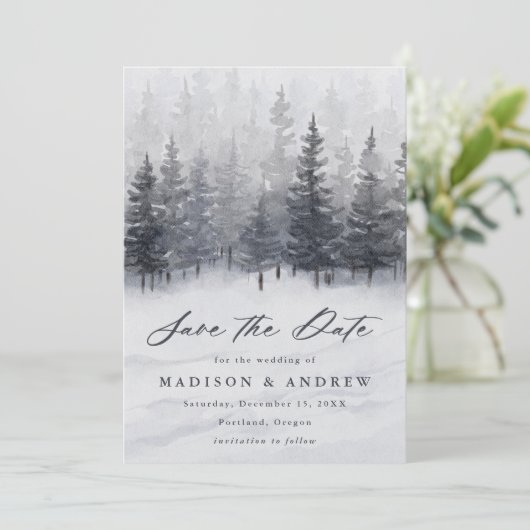Elegant Winter Forest Wedding Save The Date (Staand voorkant)