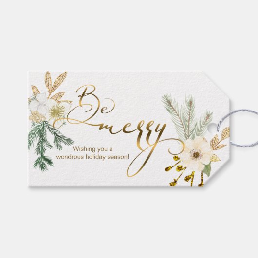 Elegant Winter Goud Bloemen en dennen Cadeaulabel (Voorkant (Horizontaal))