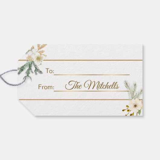 Elegant Winter Goud Bloemen en dennen Cadeaulabel (Achterkant Horizontaal)
