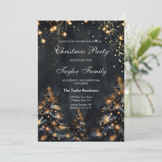 Elegant Winter Goud Glitter Kerstboom Party Kaart (Staand voorkant)