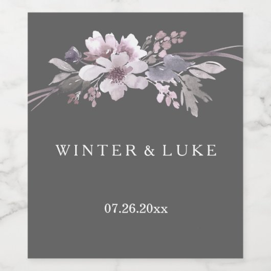 Elegant Winter Gray Floral Weddenschap Wijn Label Wijn Etiket (Enkel label)