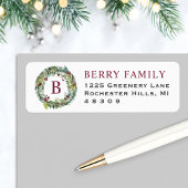 Elegant Winter Greenery Burgundy Monogram Wreath Etiket