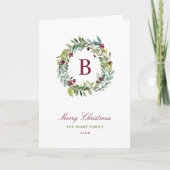 Elegant Winter Greenery Burgundy Monogram Wreath Feestdagen Kaart (Voorkant)