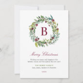 Elegant Winter Greenery Burgundy Monogram Wreath Feestdagenkaart (Voorkant)