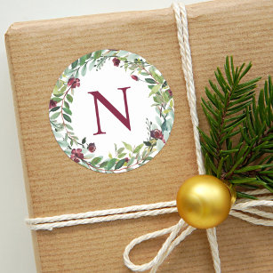 Elegant Winter Greenery Burgundy Monogram Wreath Ronde Sticker