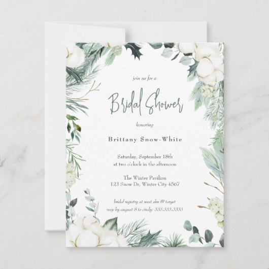 Elegant Winter Greenery Cotton Eucalyptus Bridal Kaart (Voorkant)
