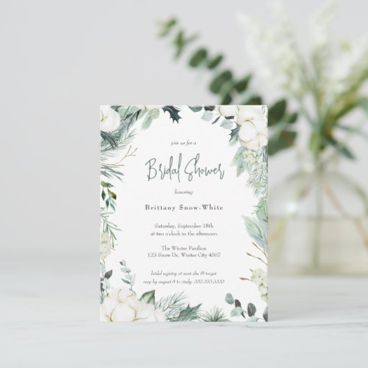 Elegant Winter Greenery Cotton Eucalyptus Bridal Kaart (Staand voorkant)