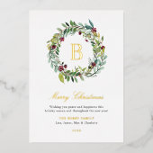 Elegant Winter Greenery Monogram Wreator Gold Folie Feestdagenkaart (Voorkant)
